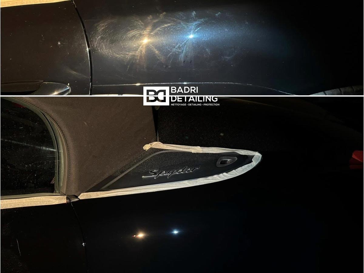Résultat avant et après polissage de l’aile d’une voiture noire par Badri Detailing