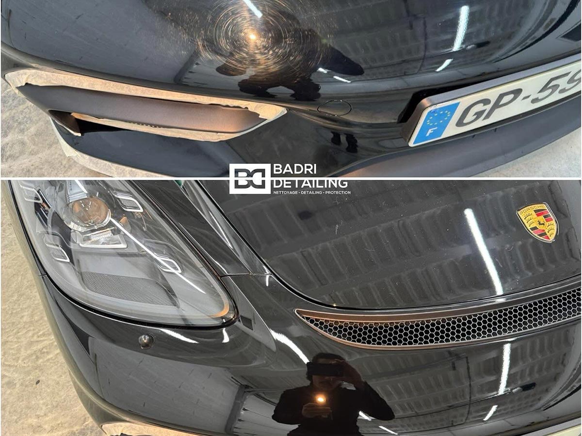 Résultat avant et après polissage du capot et du pare-chocs d’une Porsche par Badri Detailing