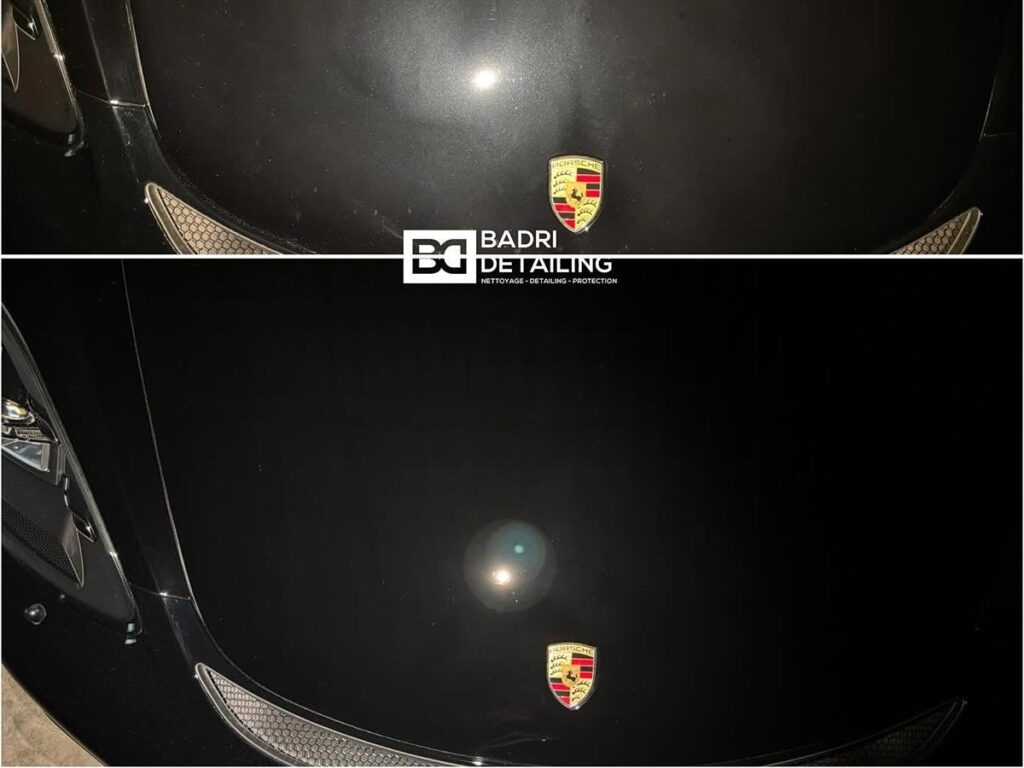 Résultat avant et après polissage du capot d’une Porsche par Badri Detailing