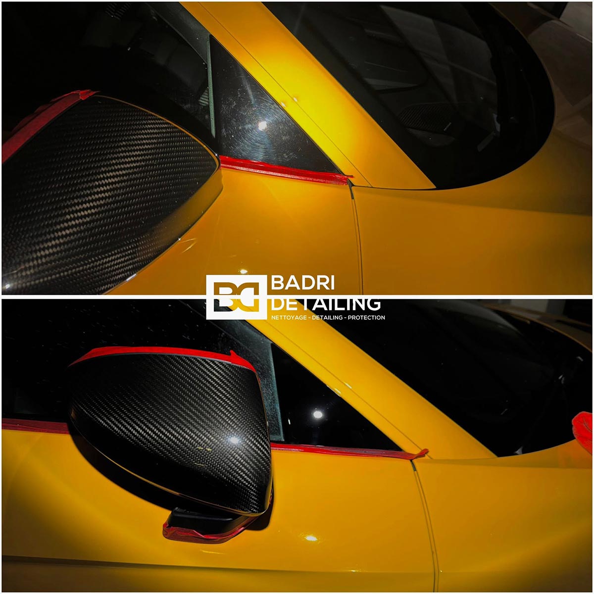 Résultat avant et après polissage du rétroviseur en carbone d’une voiture jaune par Badri Detailing