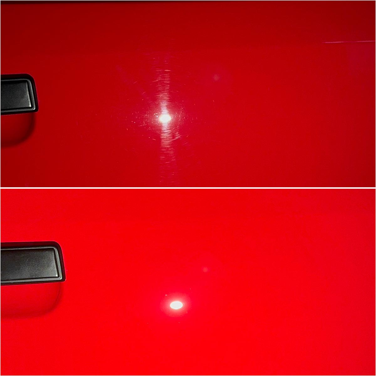 Résultat avant et après polissage de la porte d’une voiture rouge par Badri Detailing