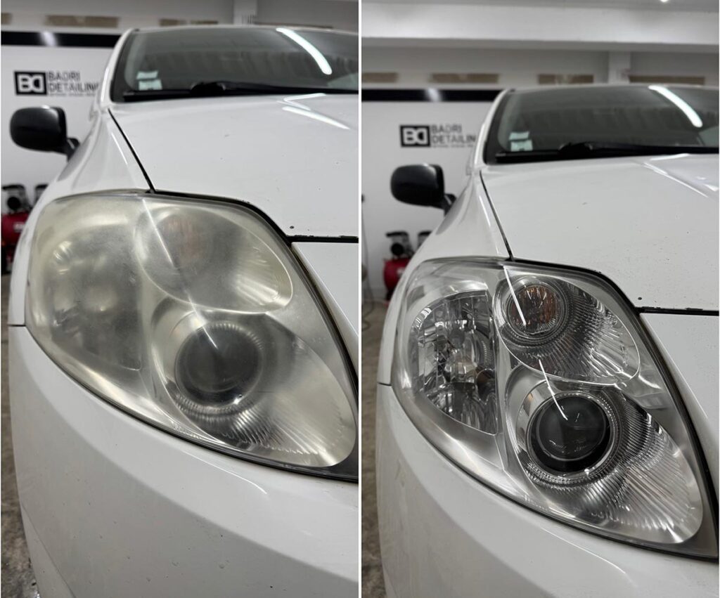 Résultat avant et après rénovation des phares d’une voiture blanche par Badri Detailing
