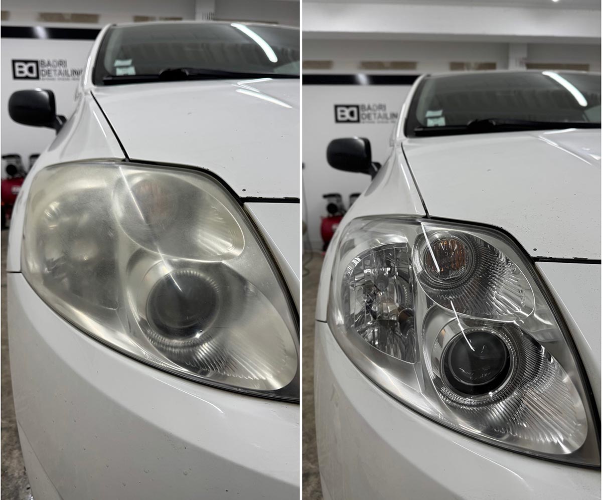 Résultat avant et après rénovation des phares d’une voiture blanche par Badri Detailing