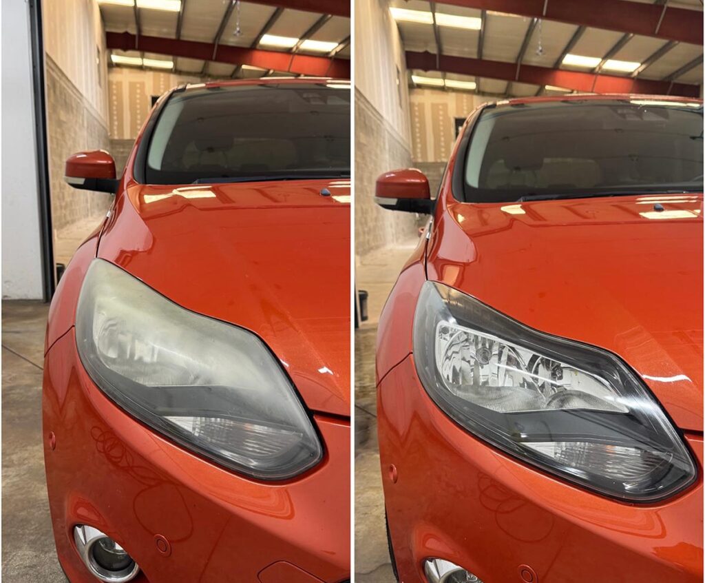 Résultat avant et après rénovation des phares d’une voiture rouge par Badri Detailing