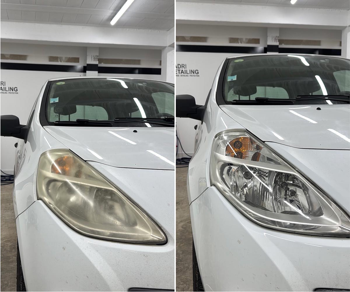 Rénovation des phares avant d’une voiture blanche par Badri Detailing